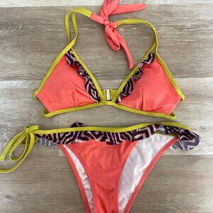 Victoria's Secret Swim Bikini, Two Piece Set, Coral & Yellow with Zebra Ruffle